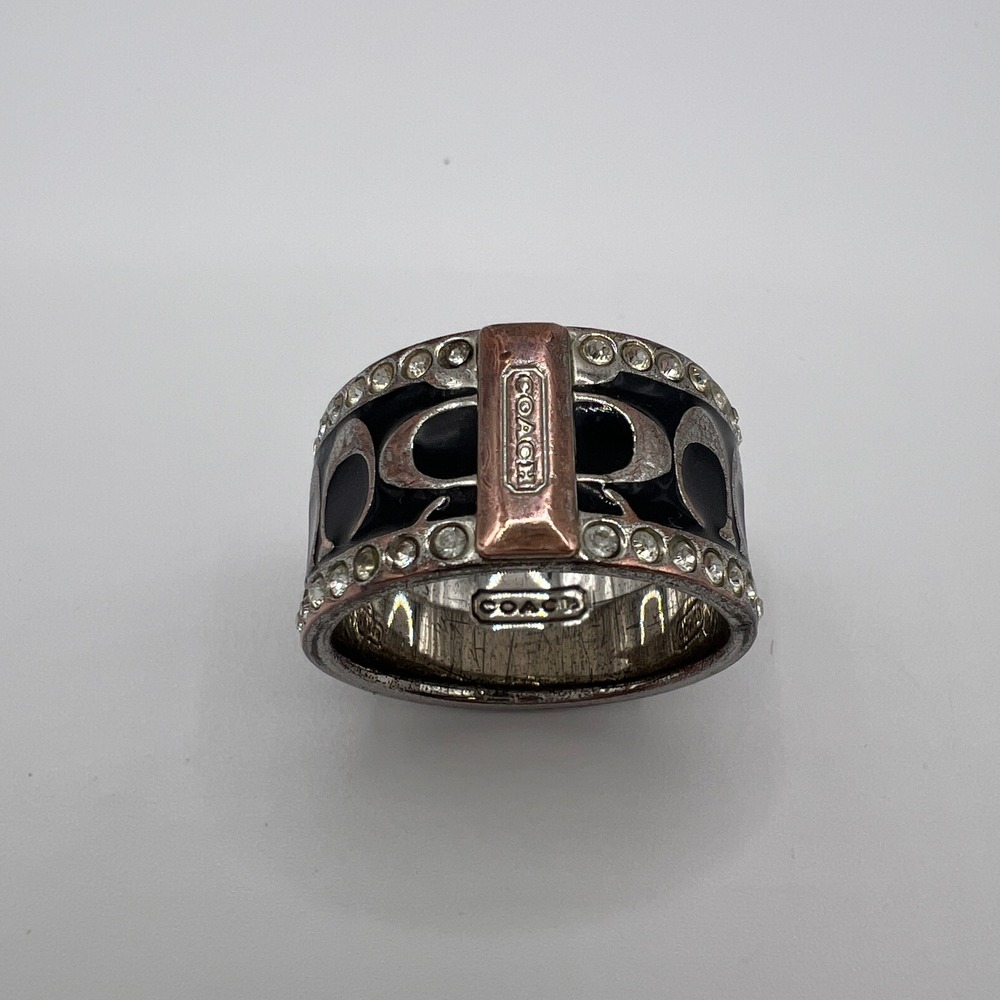 Coach Signature C Black Enamel Crystal Pave Wide Band Ring Silver Rose Gold Tone